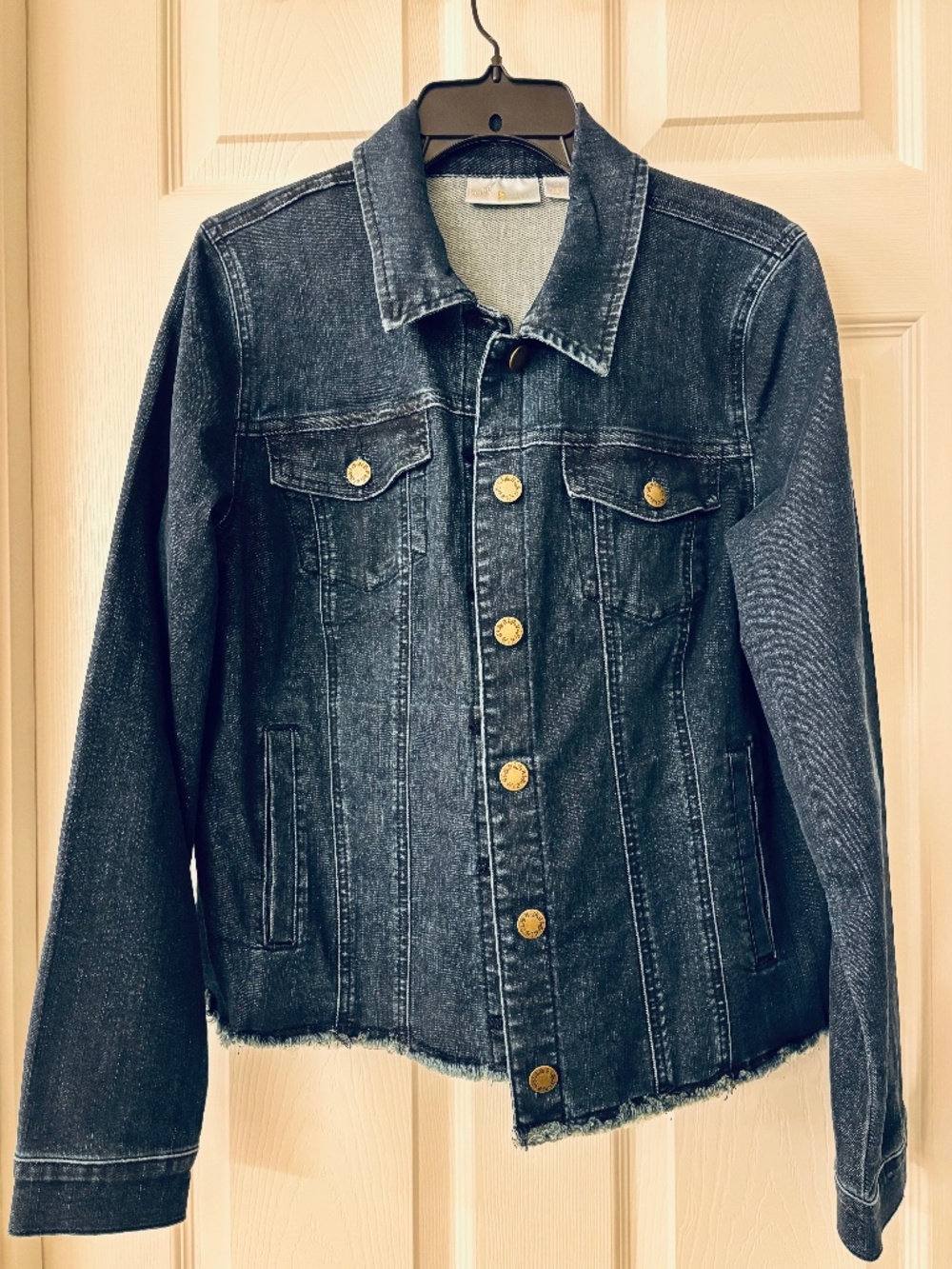 Belle by Kim Gravel Dark Wash Stretch Denim Jacket Raw Hem Size M